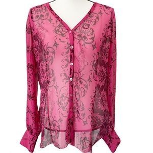 CAbi Semi Sheer Baroque Print Button Up Top EUC Lg